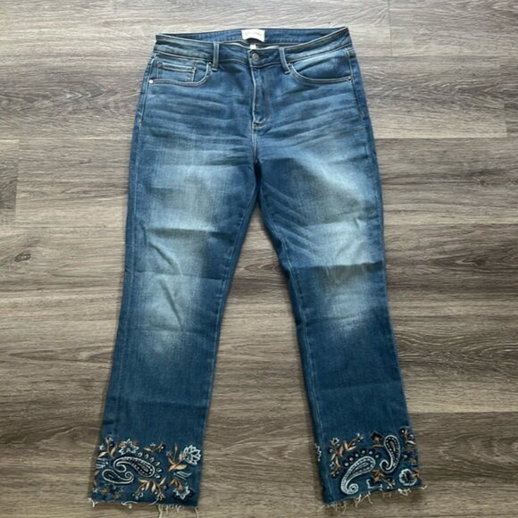 DRIFTWOOD Blue Jeans COLETTE Embroidered Paisley CROP Raw Hem 29 Excellent - Picture 1 of 5